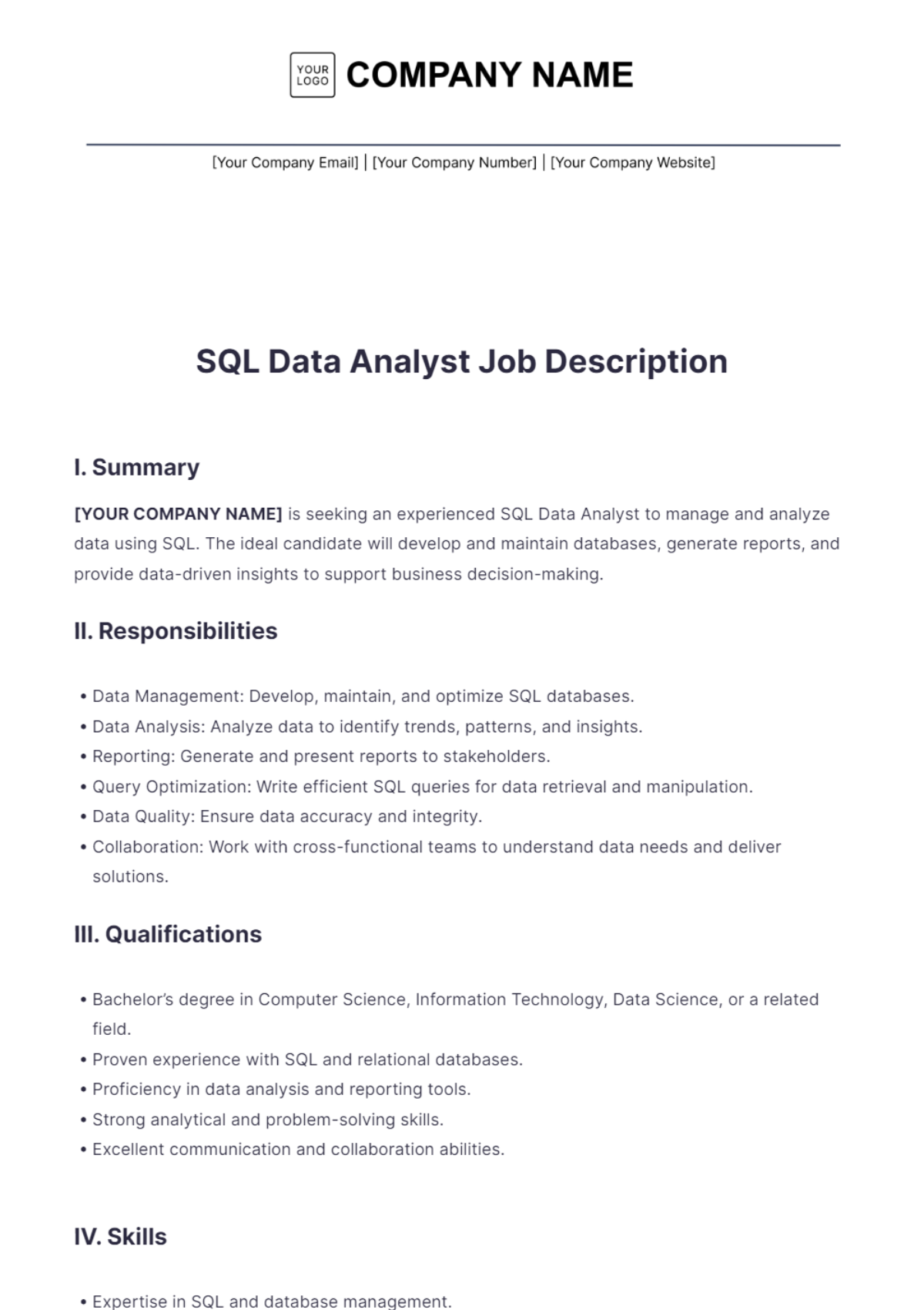 SQL Data Analyst Job Description Template - Edit Online & Download