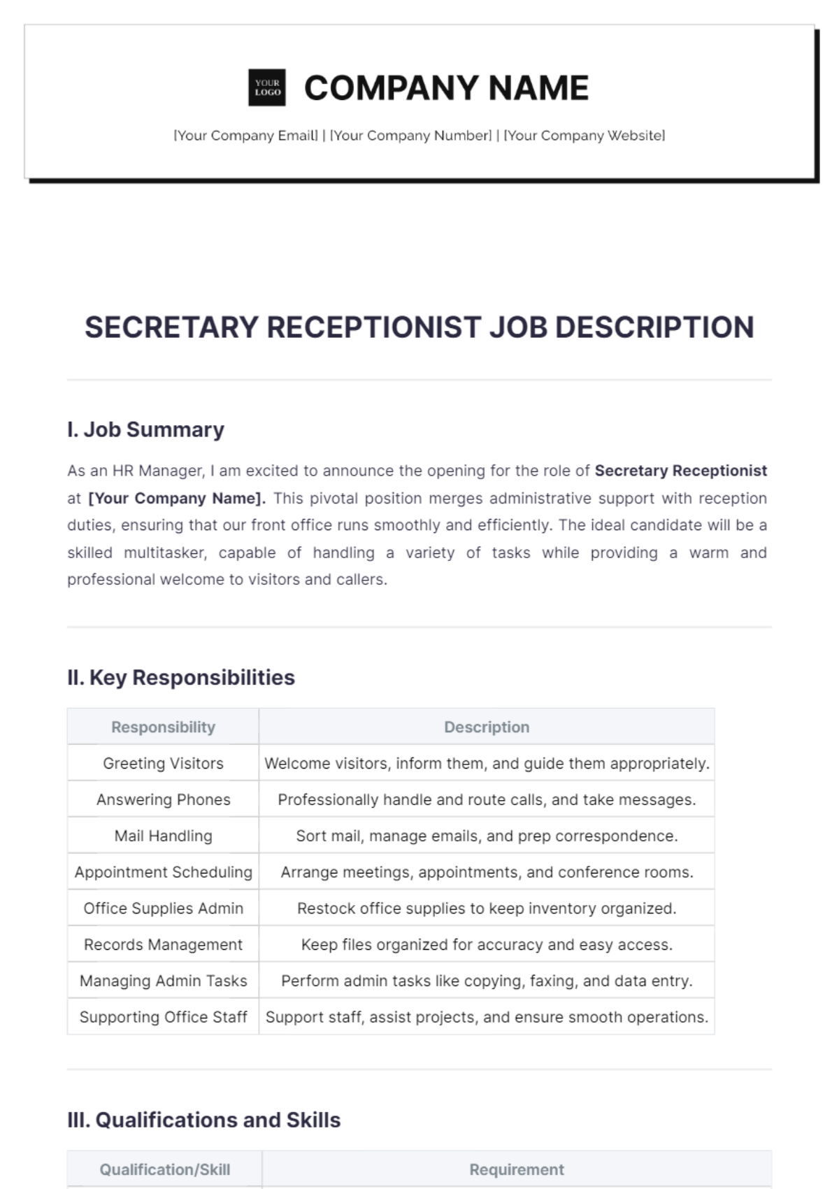 Secretary Receptionist Job Description Template - Edit Online & Download