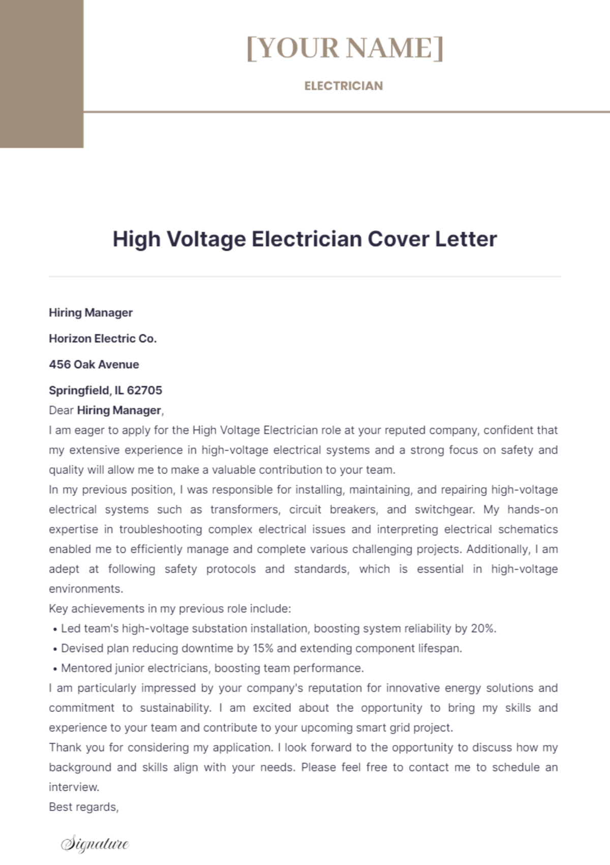 High Voltage Electrician Cover Letter - Edit Online & Download