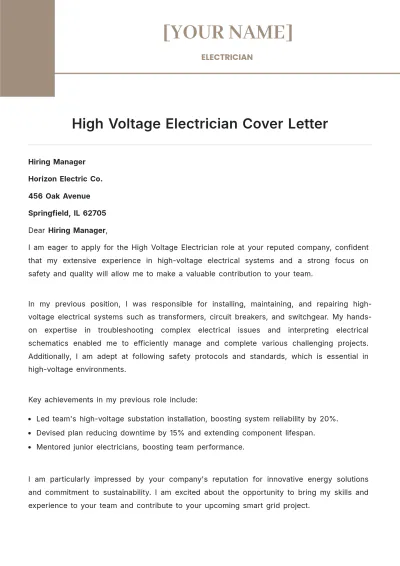 Free High Voltage Electrician Cover Letter to Edit Online