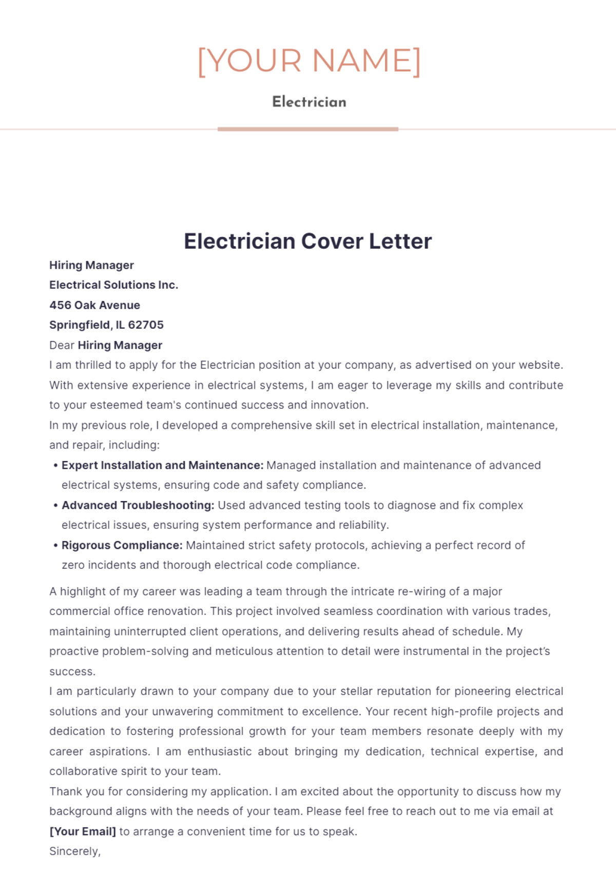 senior electrician cover letter