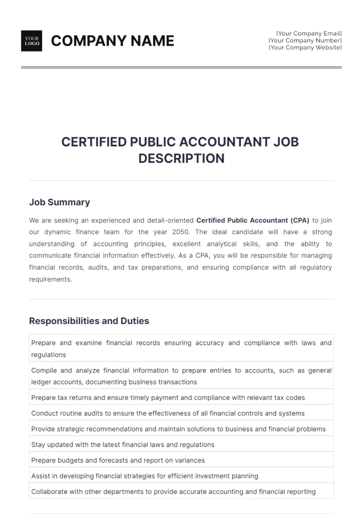 Certified Public Accountant Job Description Template - Edit Online & Download