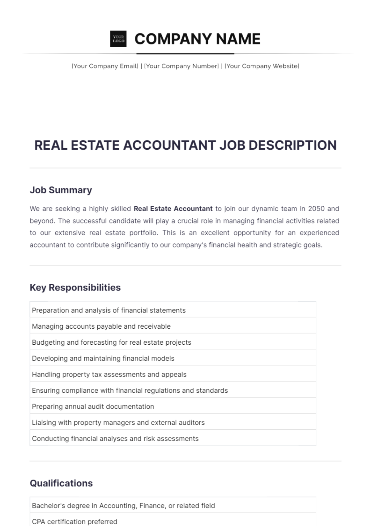 Real Estate Accountant Job Description Template - Edit Online & Download