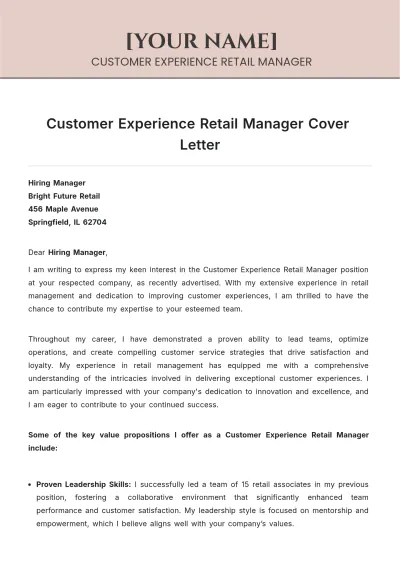Free Customer Experience Retail Manager Cover Letter to Edit Online