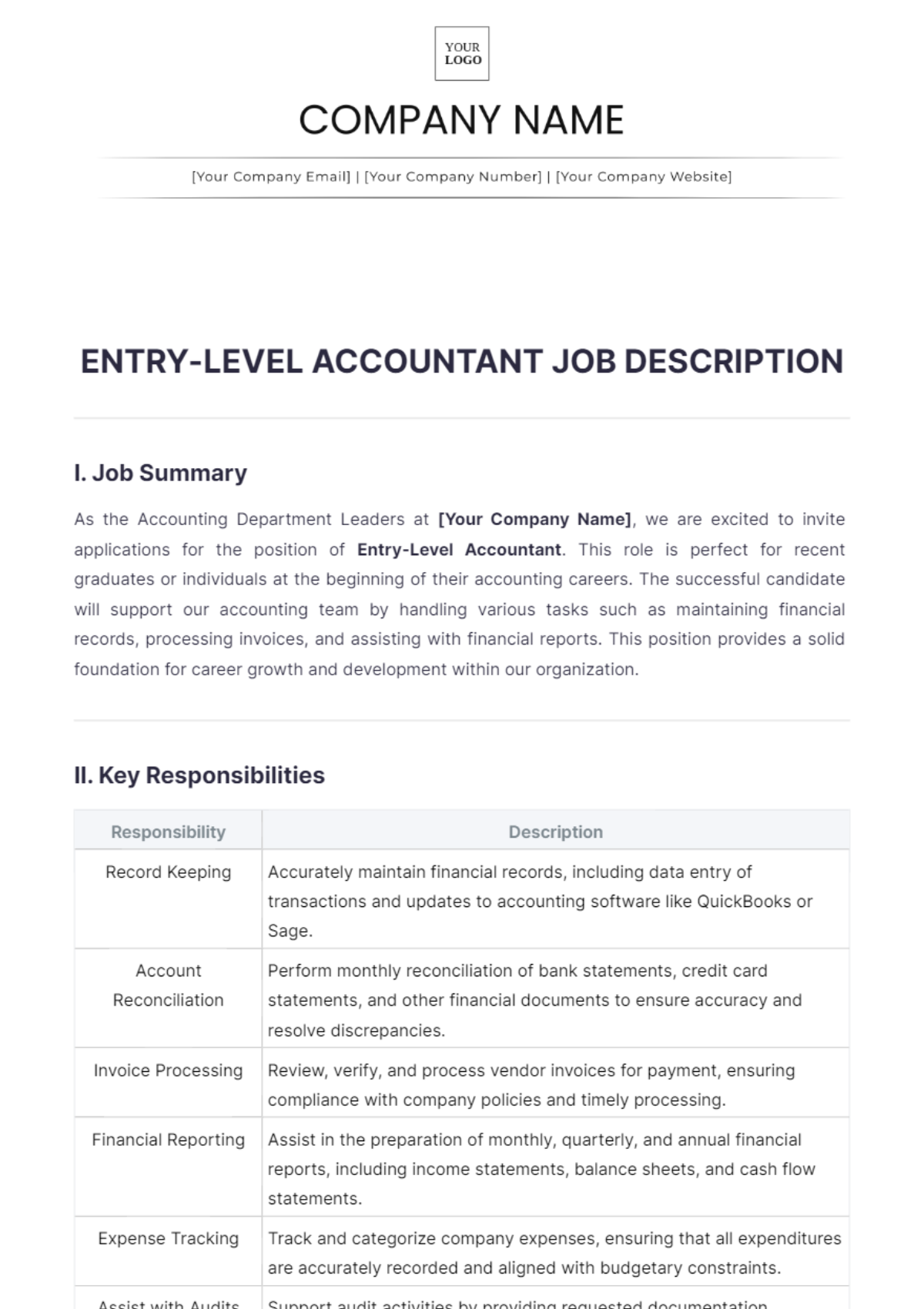 Entry-Level Accountant Job Description Template - Edit Online & Download