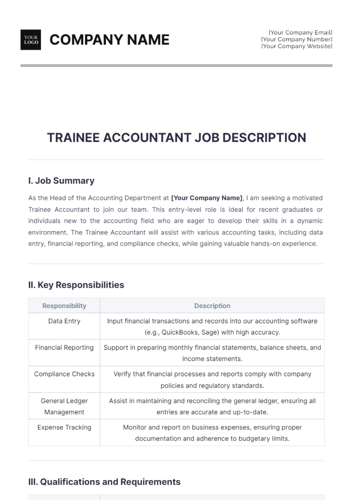 Trainee Accountant Job Description Template - Edit Online & Download