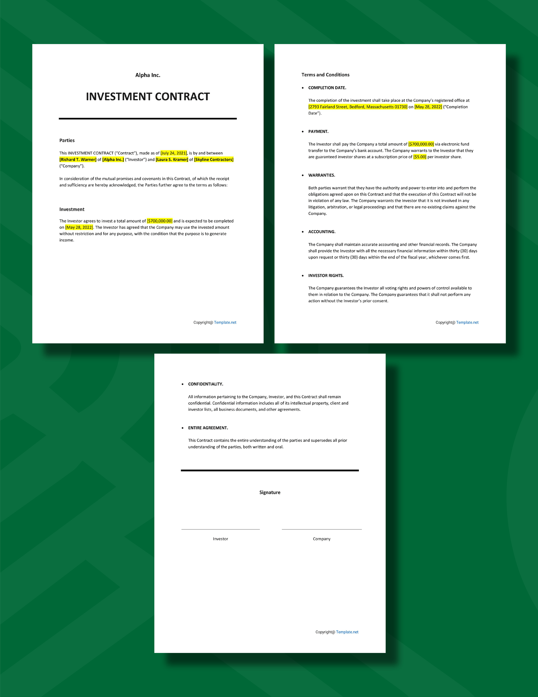 Sample Investment contract Template