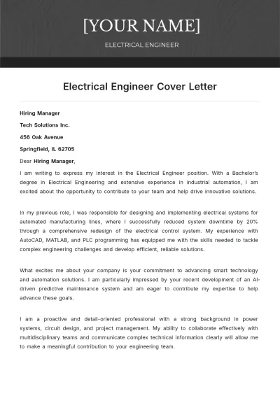 Free Electrical Engineer Cover Letter to Edit Online