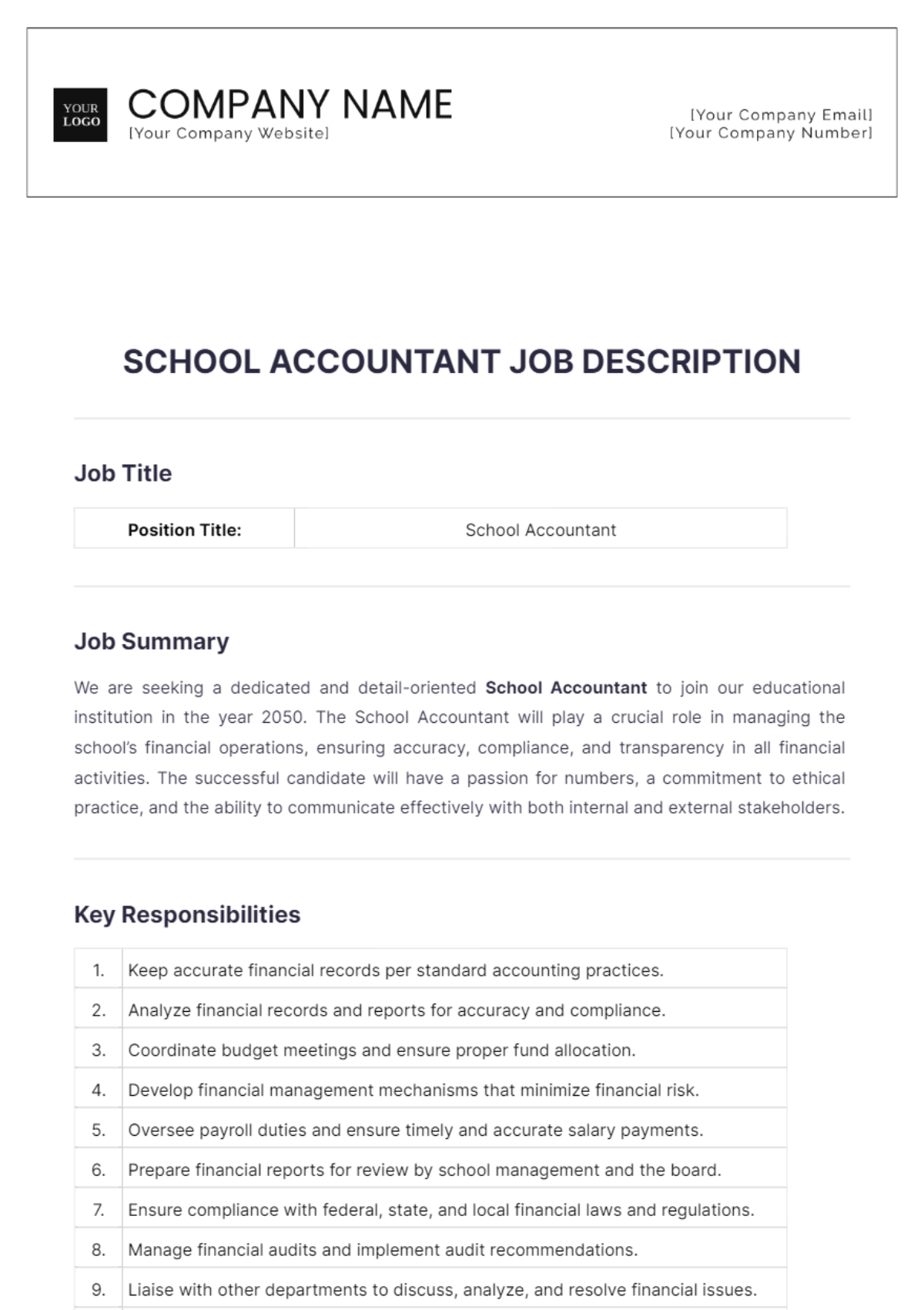 School Accountant Job Description Template - Edit Online & Download