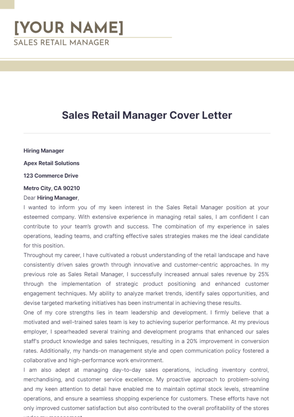 Sales Retail Manager Cover Letter - Edit Online & Download