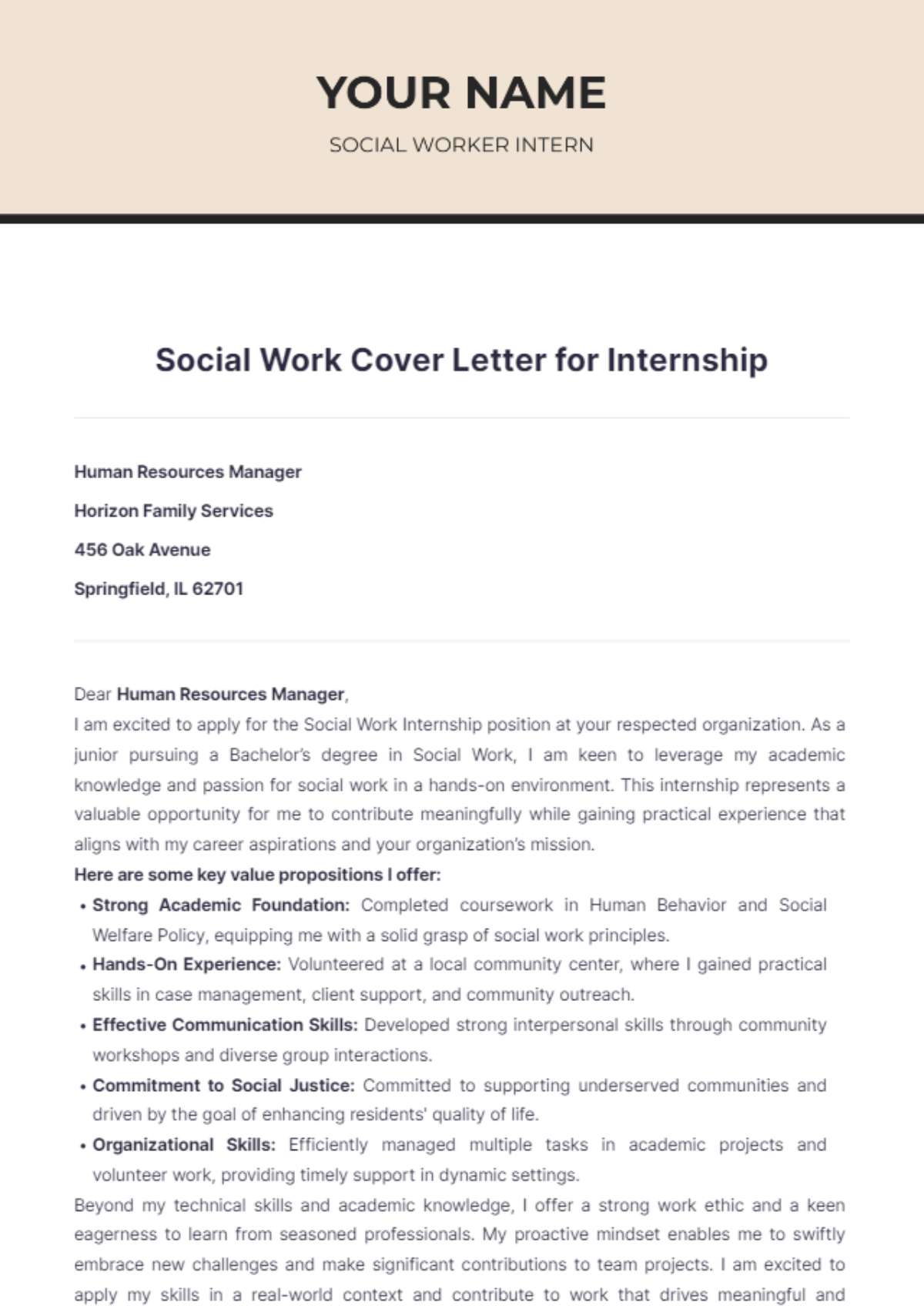 Social Work Cover Letter for Internship - Edit Online & Download