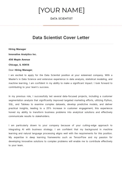 Free Data Scientist Cover Letter to Edit Online