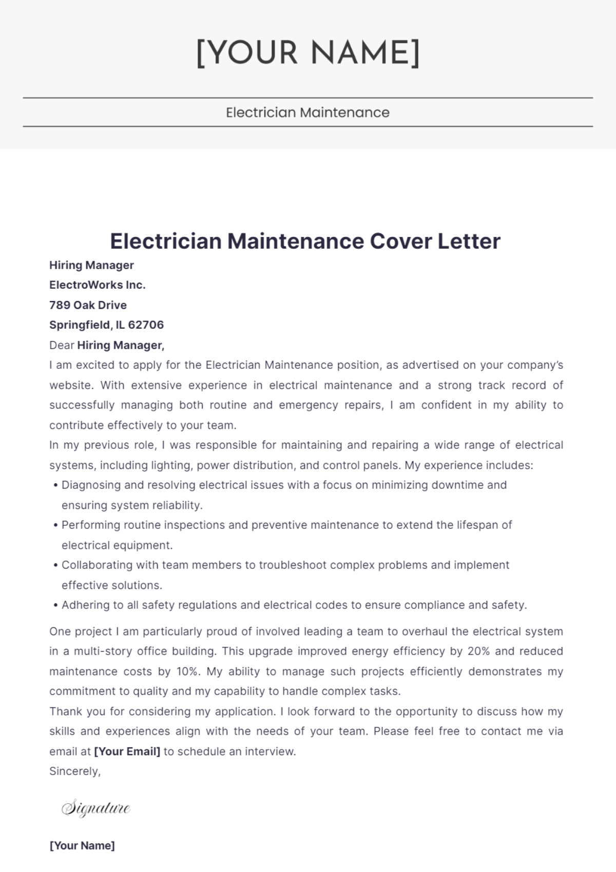 Electrician Maintenance Cover Letter - Edit Online & Download