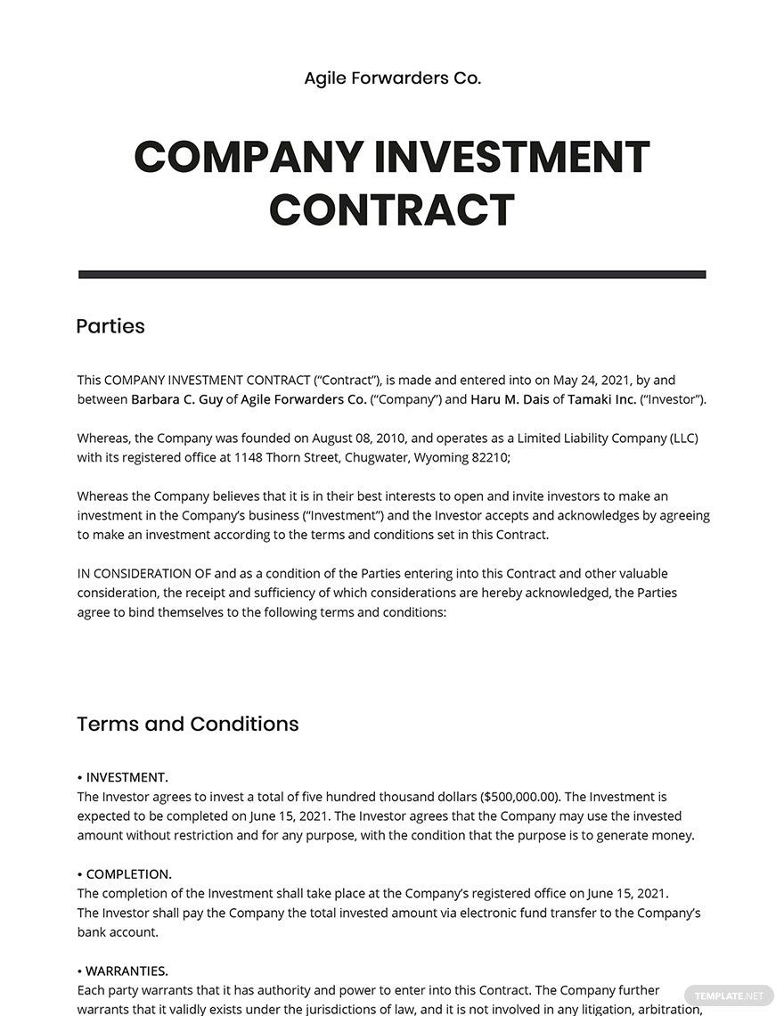 Company Investment contract Template