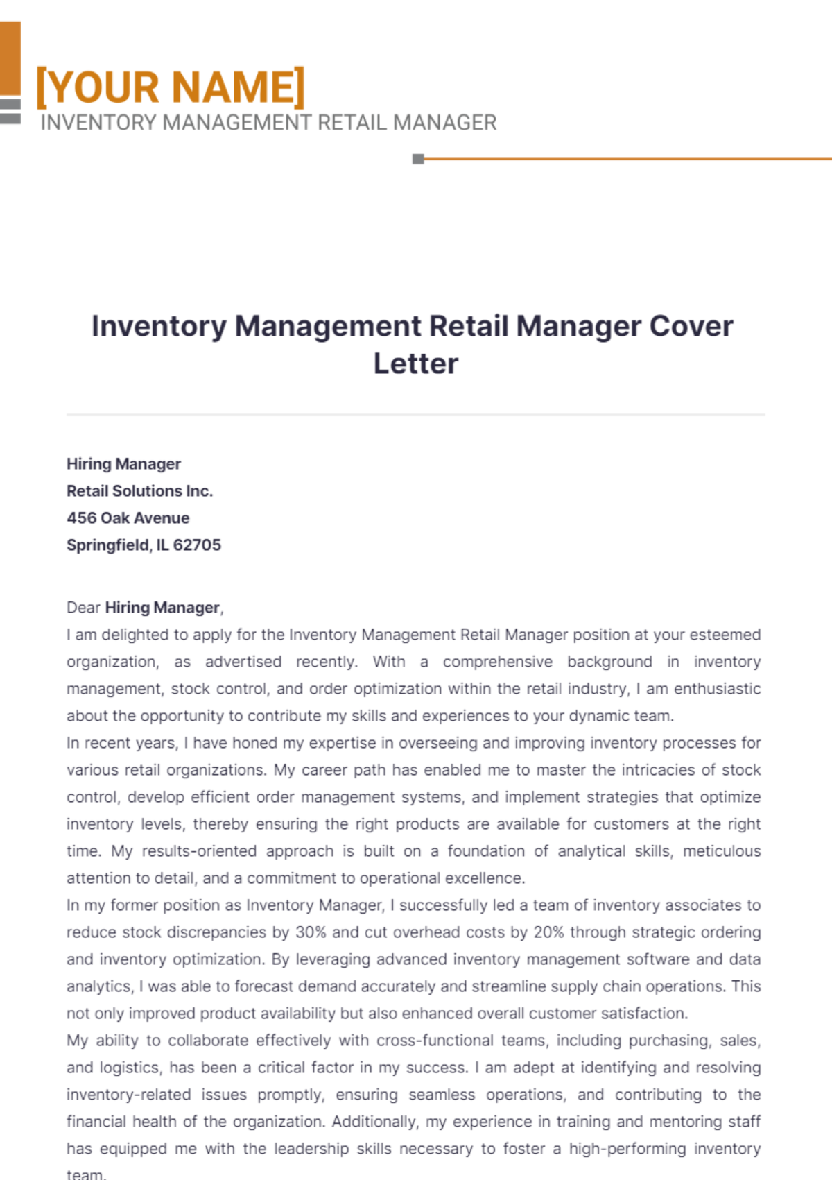 Inventory Management Retail Manager Cover Letter - Edit Online & Download