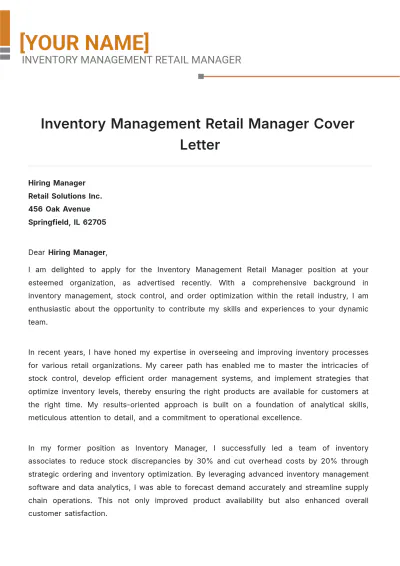 Free Inventory Management Retail Manager Cover Letter to Edit Online