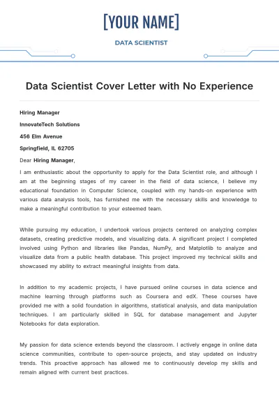 Free Data Scientist Cover Letter with No Experience to Edit Online