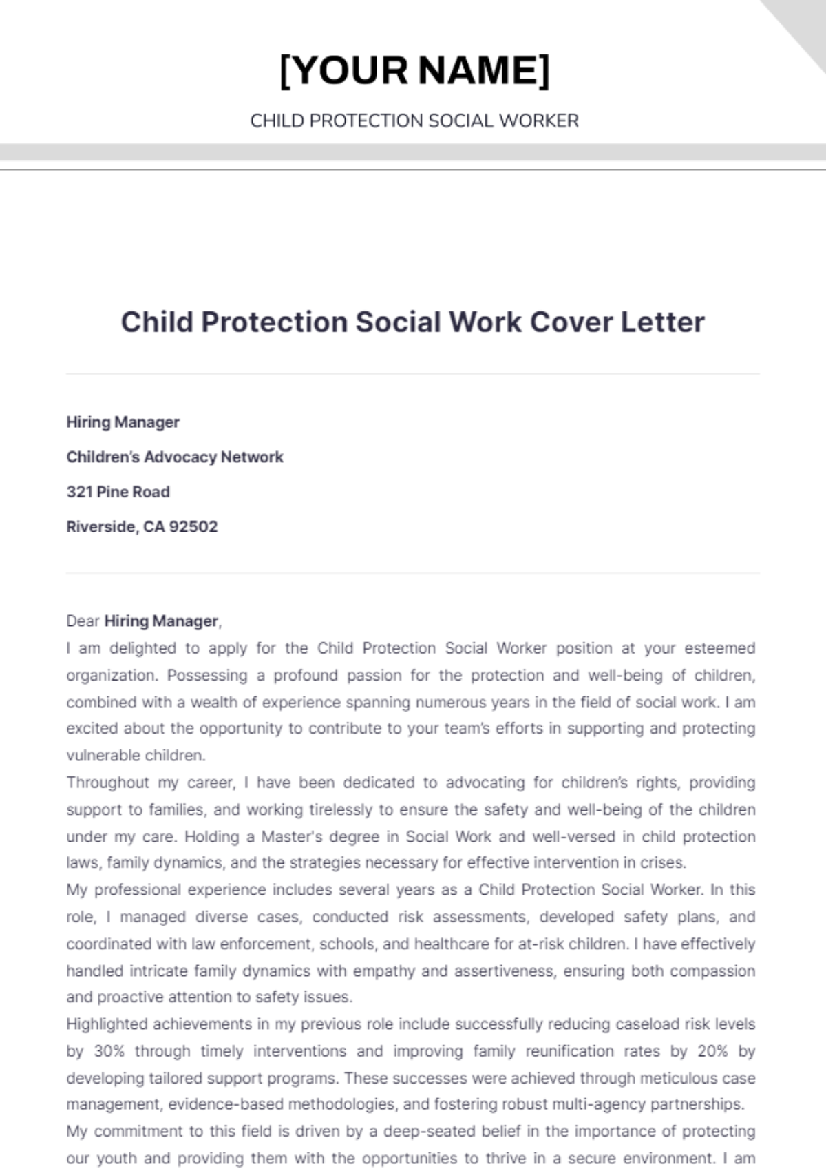 Child Protection Social Work Cover Letter - Edit Online & Download