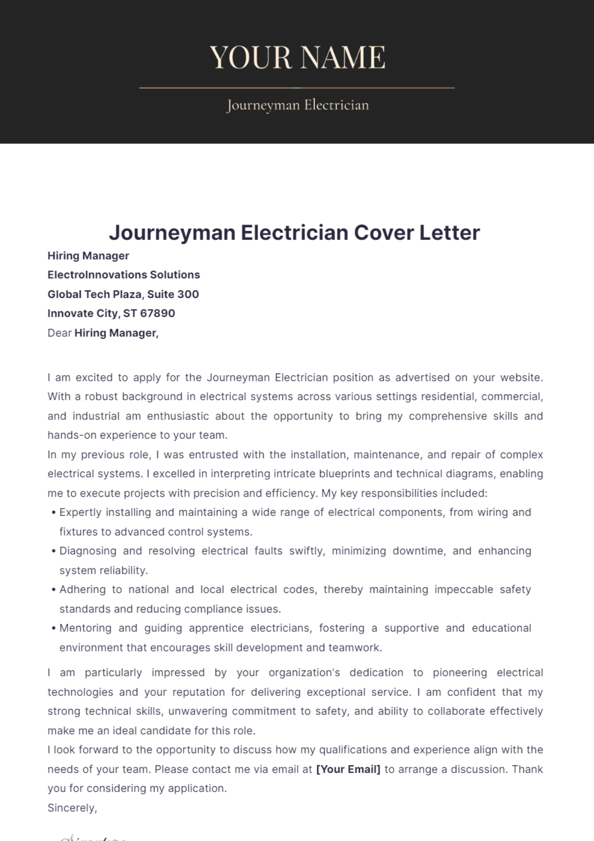 Journeyman Electrician Cover Letter - Edit Online & Download