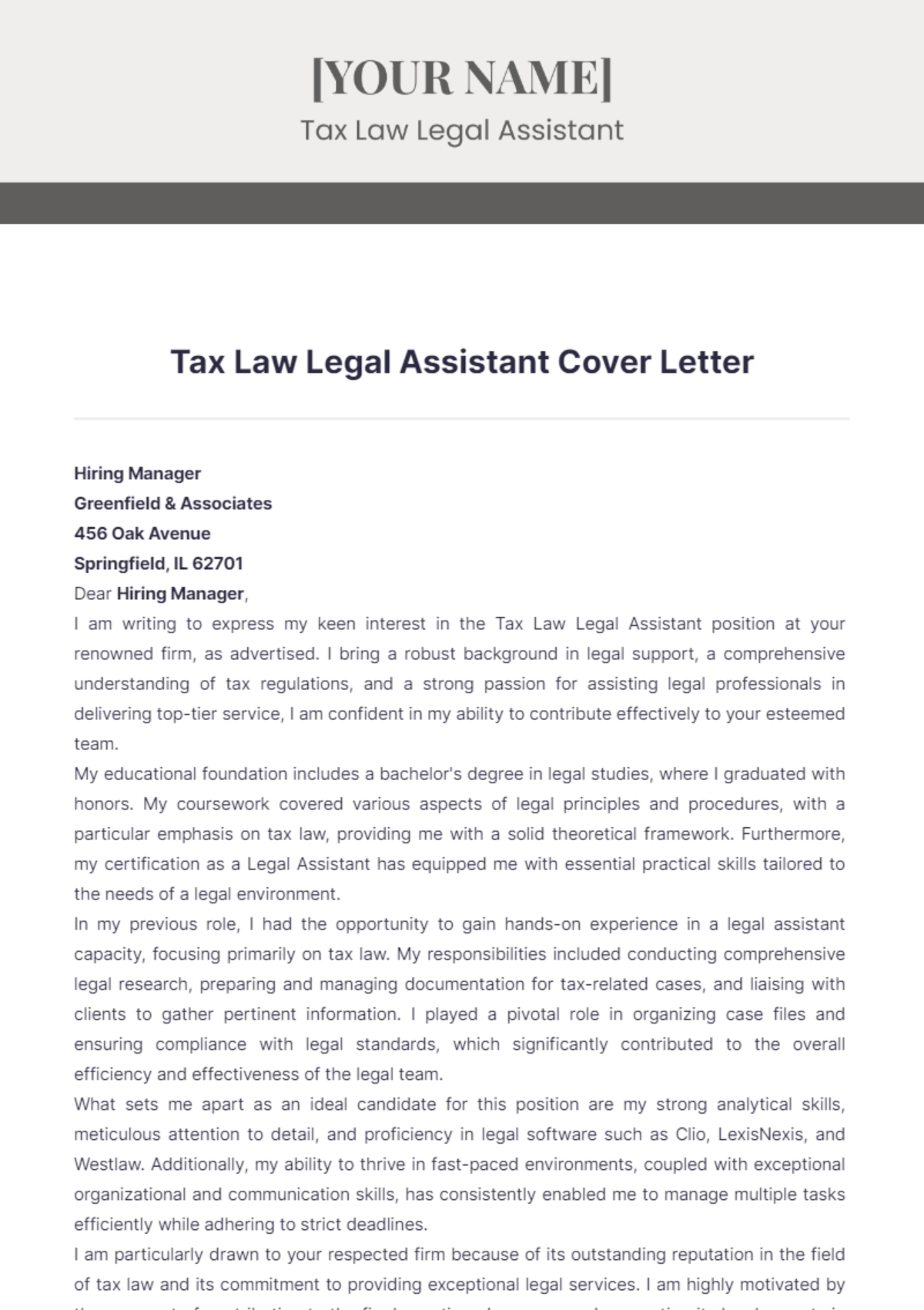 Tax Law Legal Assistant Cover Letter - Edit Online & Download