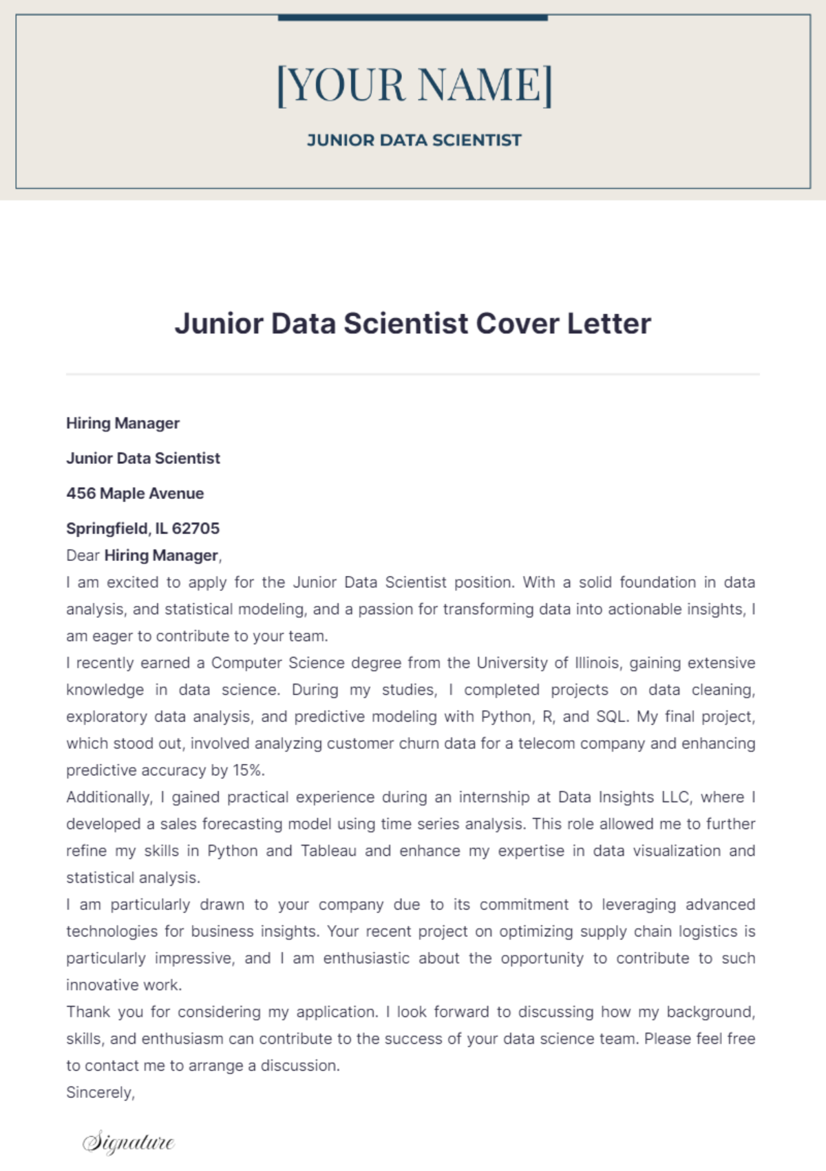 Junior Data Scientist Cover Letter - Edit Online & Download