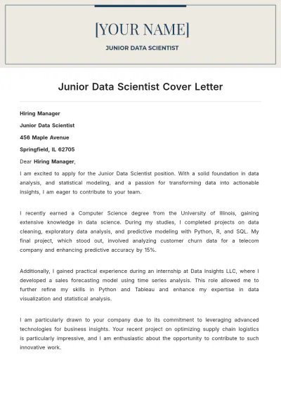 Free Junior Data Scientist Cover Letter to Edit Online