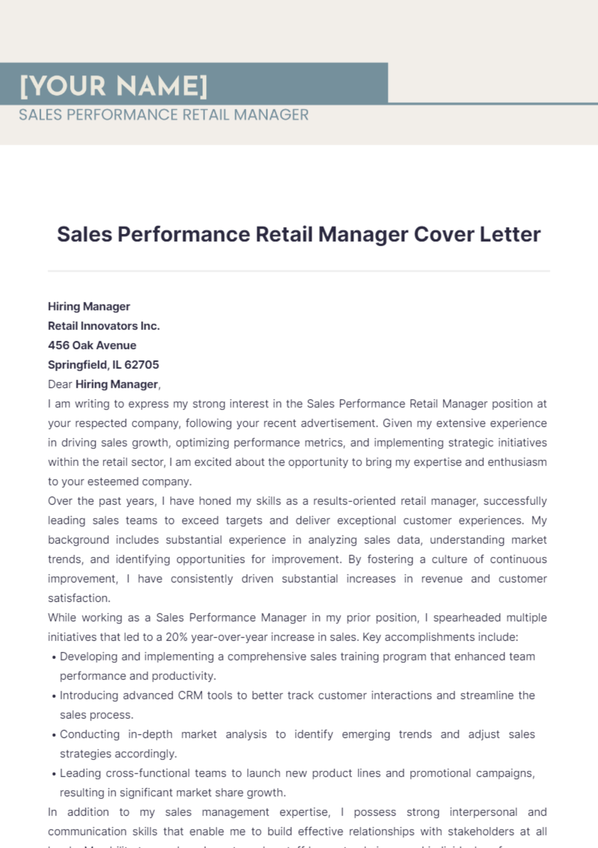 Sales Performance Retail Manager Cover Letter - Edit Online & Download