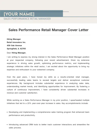 Free Sales Performance Retail Manager Cover Letter to Edit Online