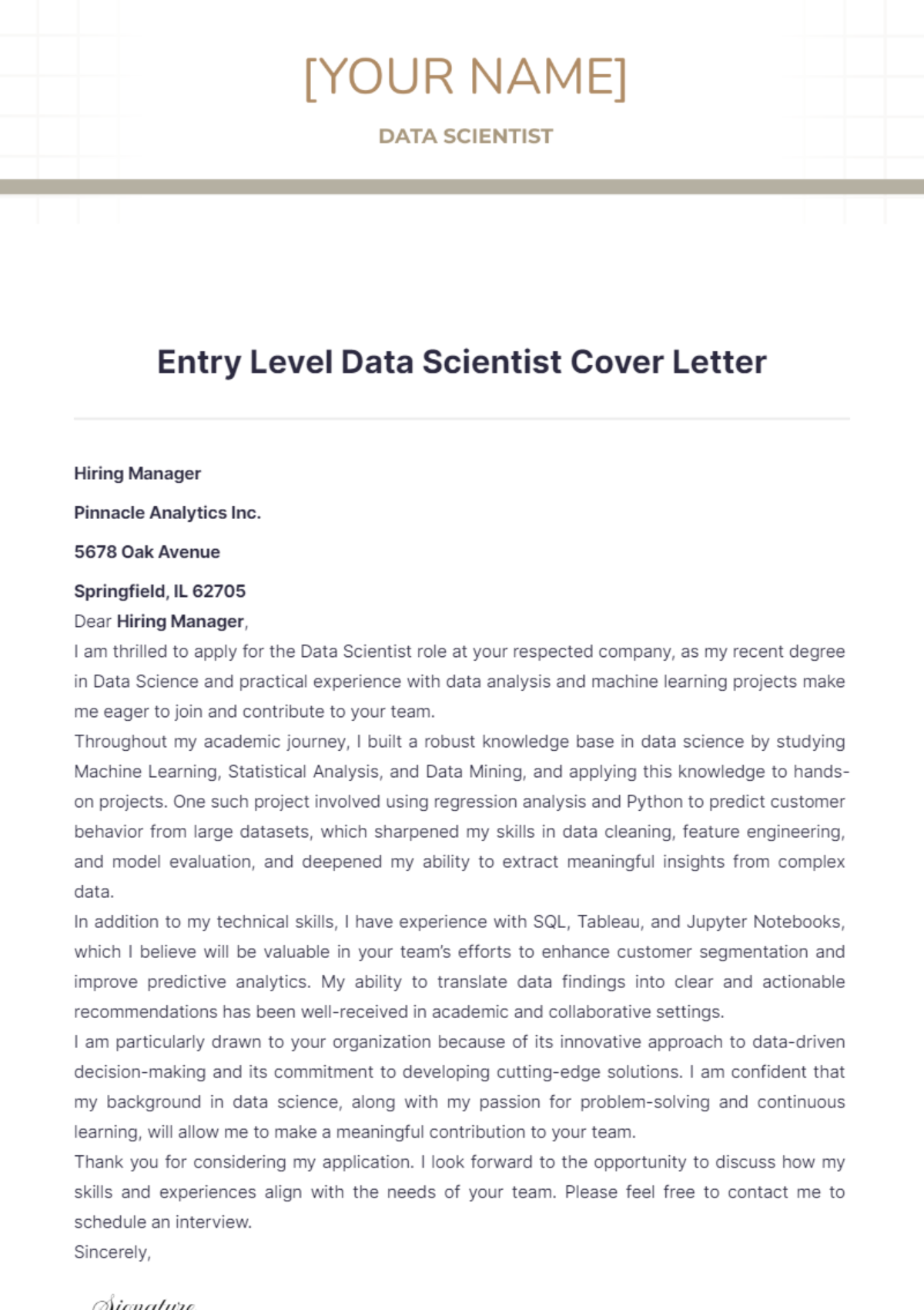 Entry Level Data Scientist Cover Letter - Edit Online & Download