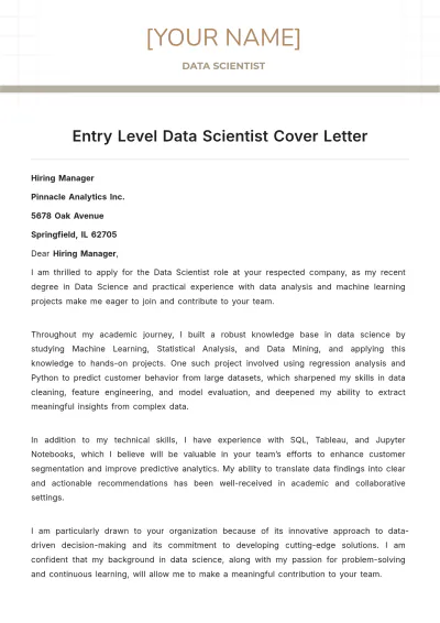 Free Entry Level Data Scientist Cover Letter to Edit Online