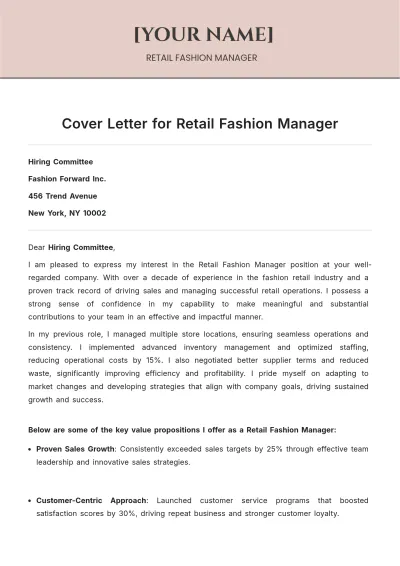 Free Cover Letter for Retail Fashion Manager to Edit Online