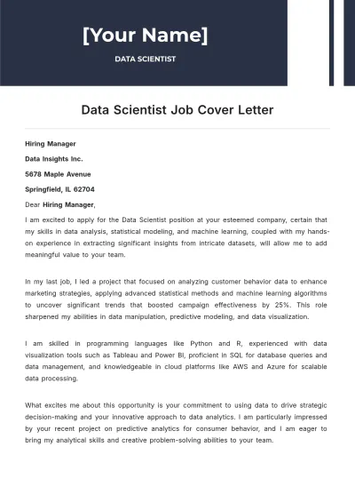 Free Data Scientist Job Cover Letter to Edit Online