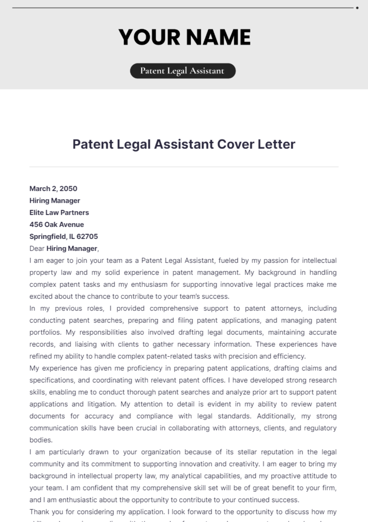 Patent Legal Assistant Cover Letter - Edit Online & Download