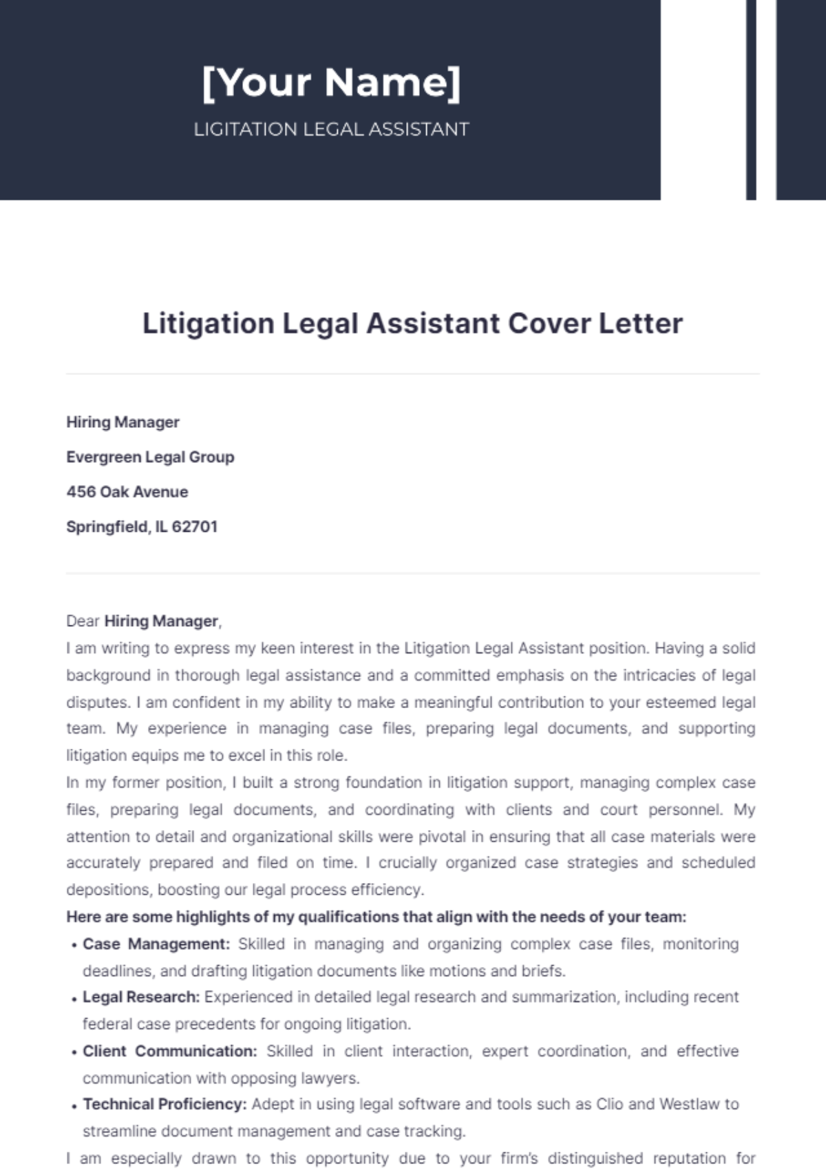 Litigation Legal Assistant Cover Letter - Edit Online & Download