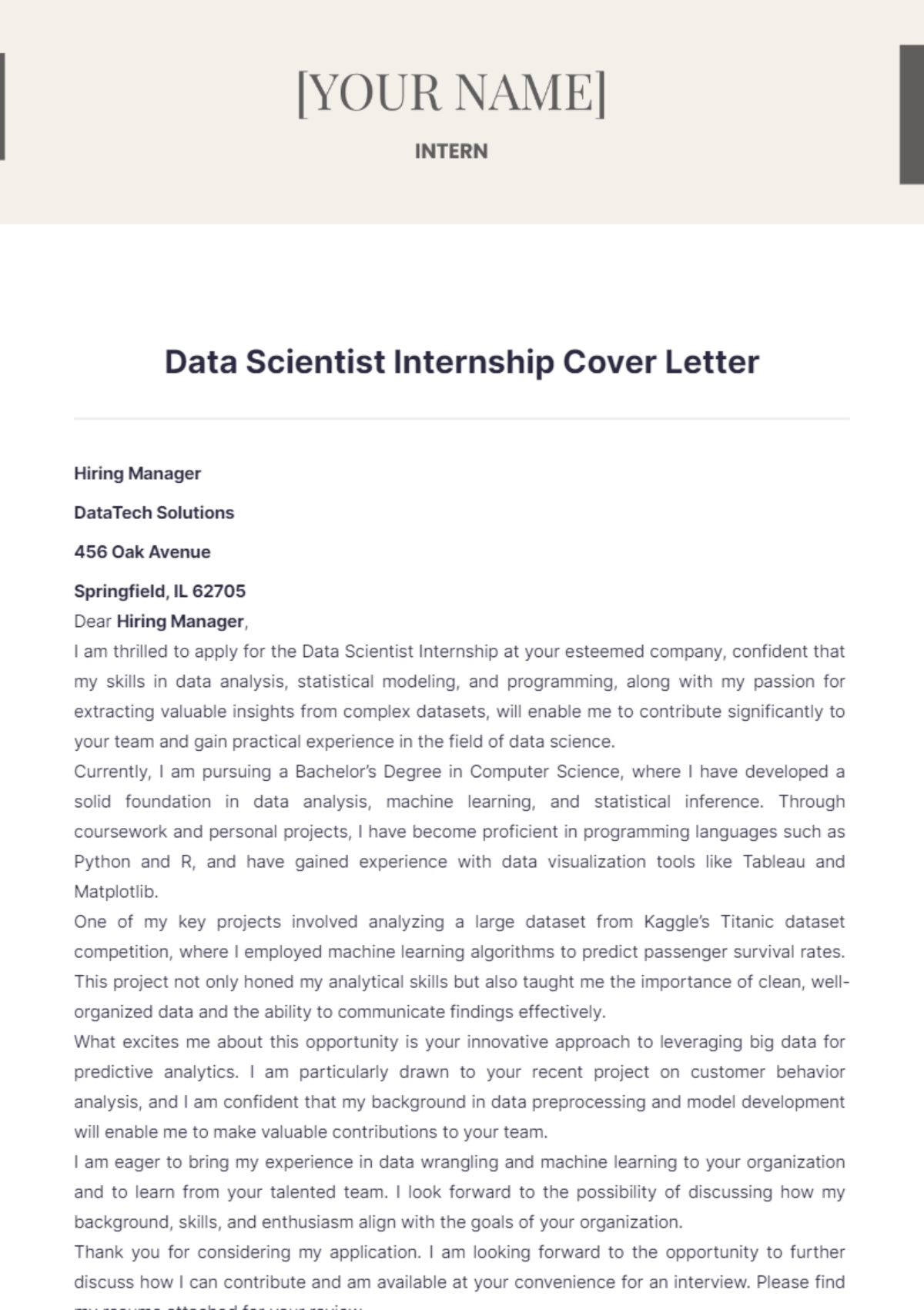 Data Scientist Internship Cover Letter - Edit Online & Download