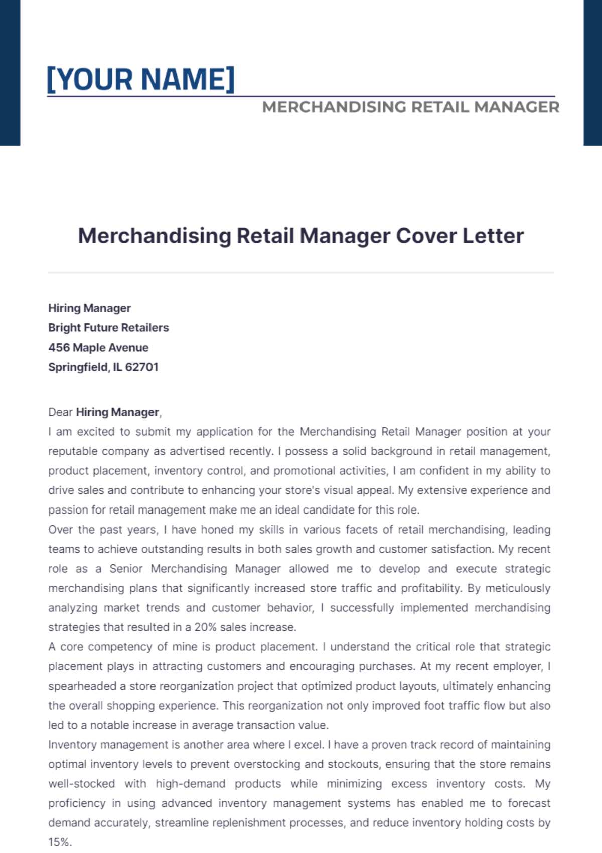 Merchandising Retail Manager Cover Letter - Edit Online & Download