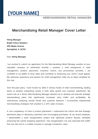 Free Merchandising Retail Manager Cover Letter to Edit Online