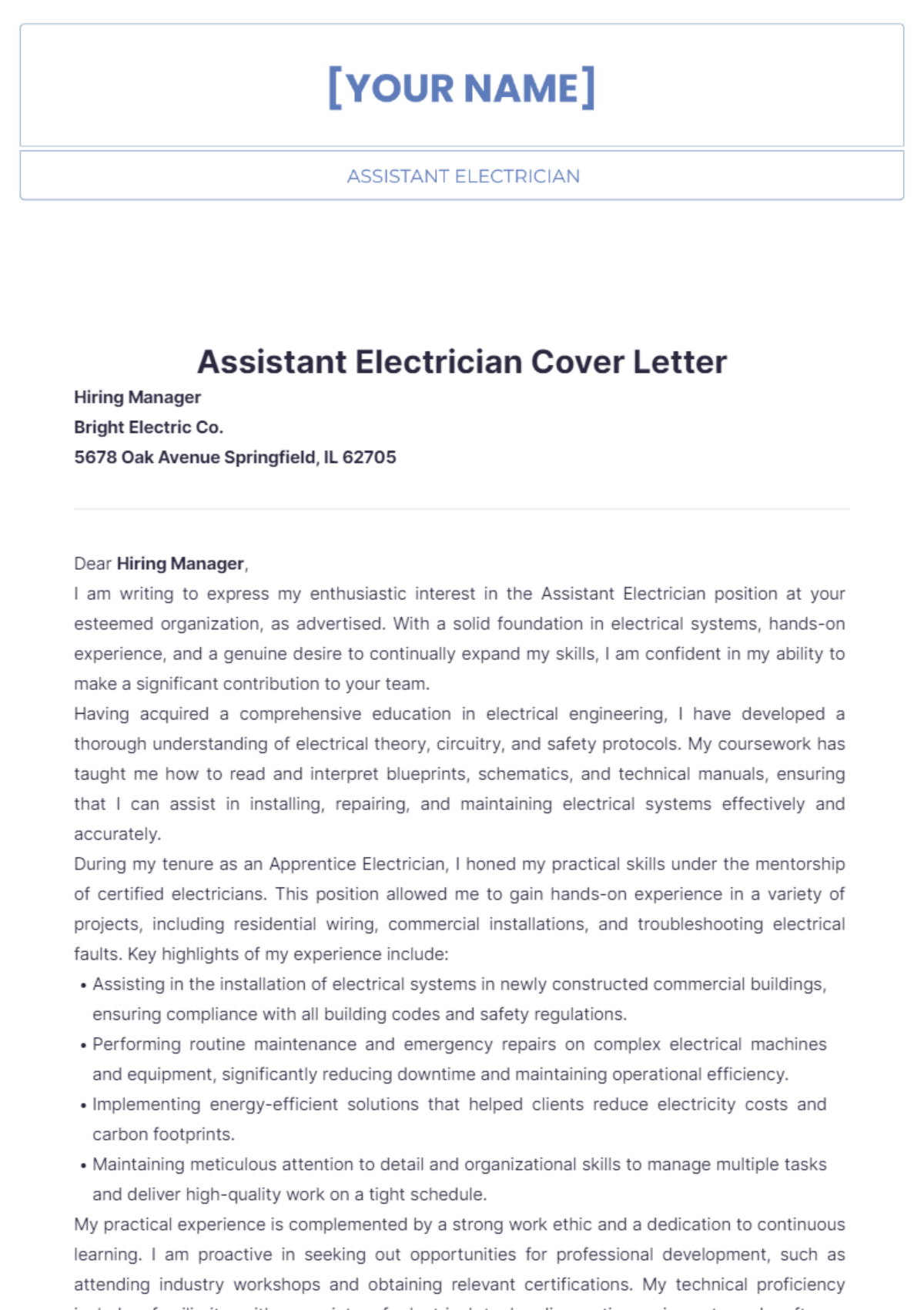 Assistant Electrician Cover Letter - Edit Online & Download