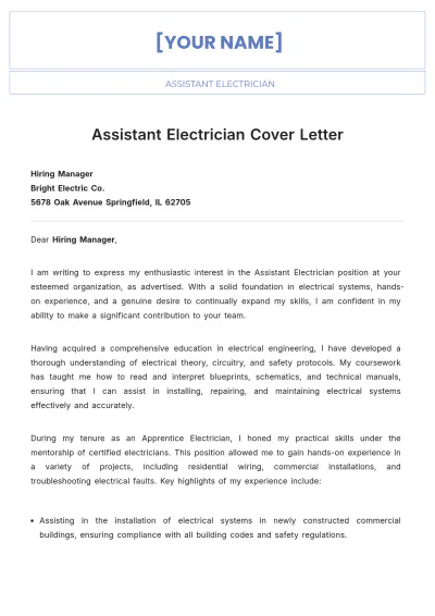 Free Assistant Electrician Cover Letter to Edit Online