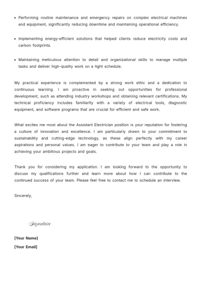 Free Assistant Electrician Cover Letter to Edit Online