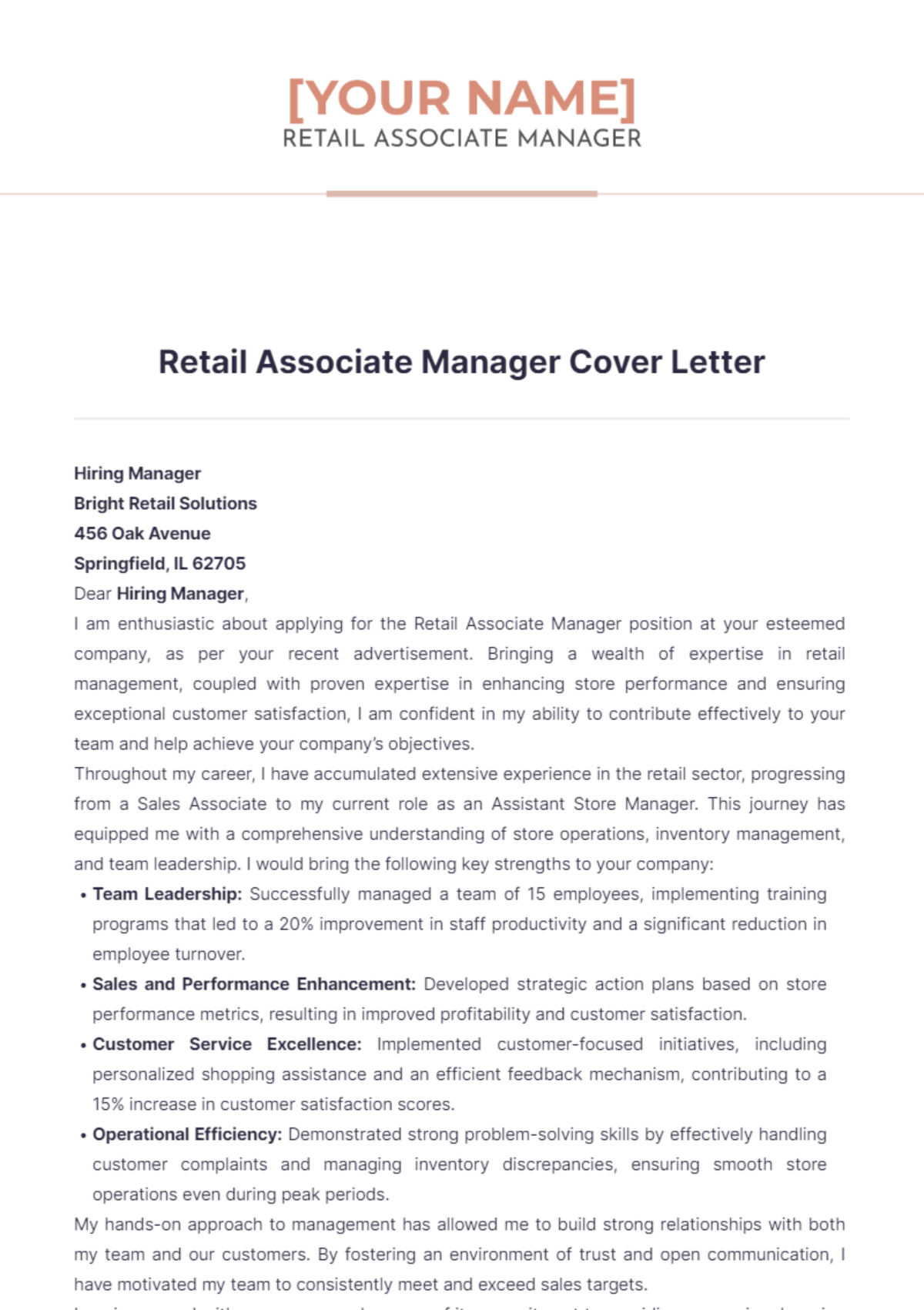 Retail Associate Manager Cover Letter - Edit Online & Download