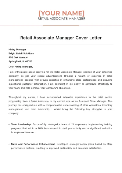 Free Retail Associate Manager Cover Letter to Edit Online