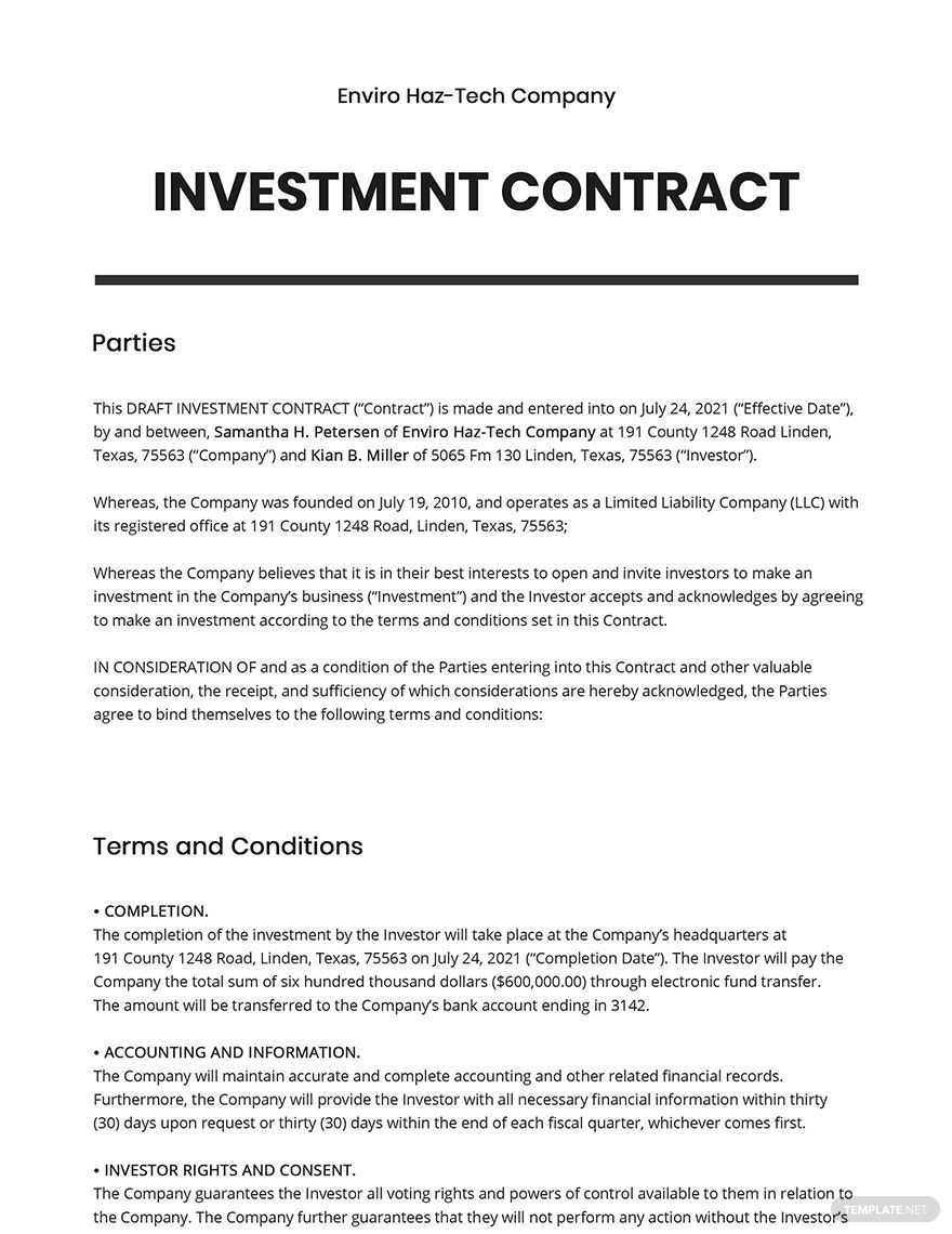 Draft Investment contract Template