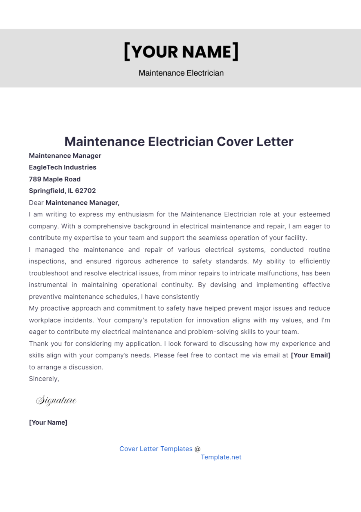 Maintenance Electrician Cover Letter - Edit Online & Download