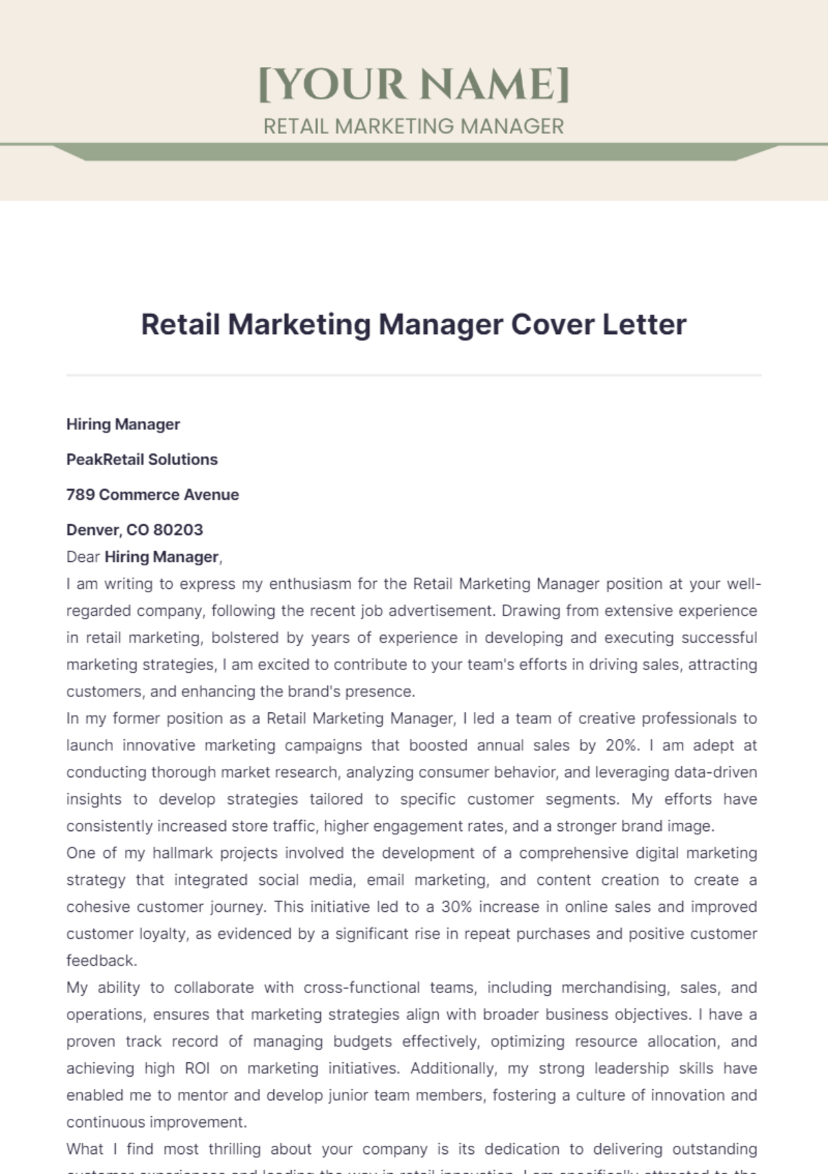 Retail Marketing Manager Cover Letter - Edit Online & Download