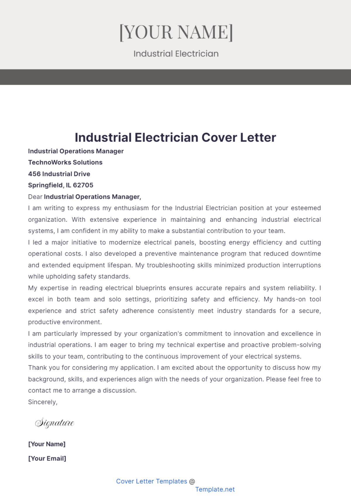 Industrial Electrician Cover Letter - Edit Online & Download