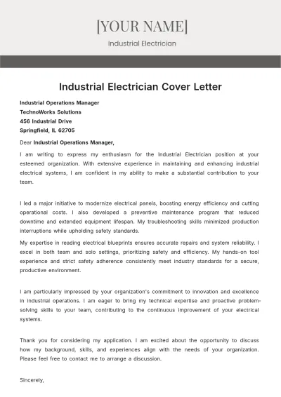 Free Industrial Electrician Cover Letter to Edit Online