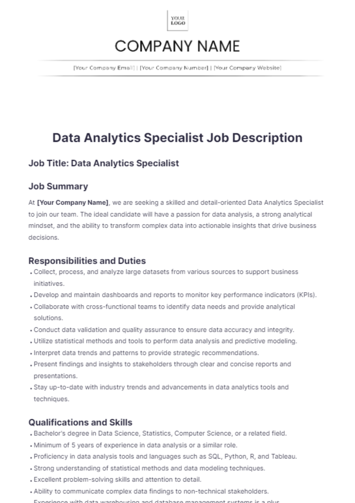 Data Analytics Specialist Job Description Template - Edit Online & Download