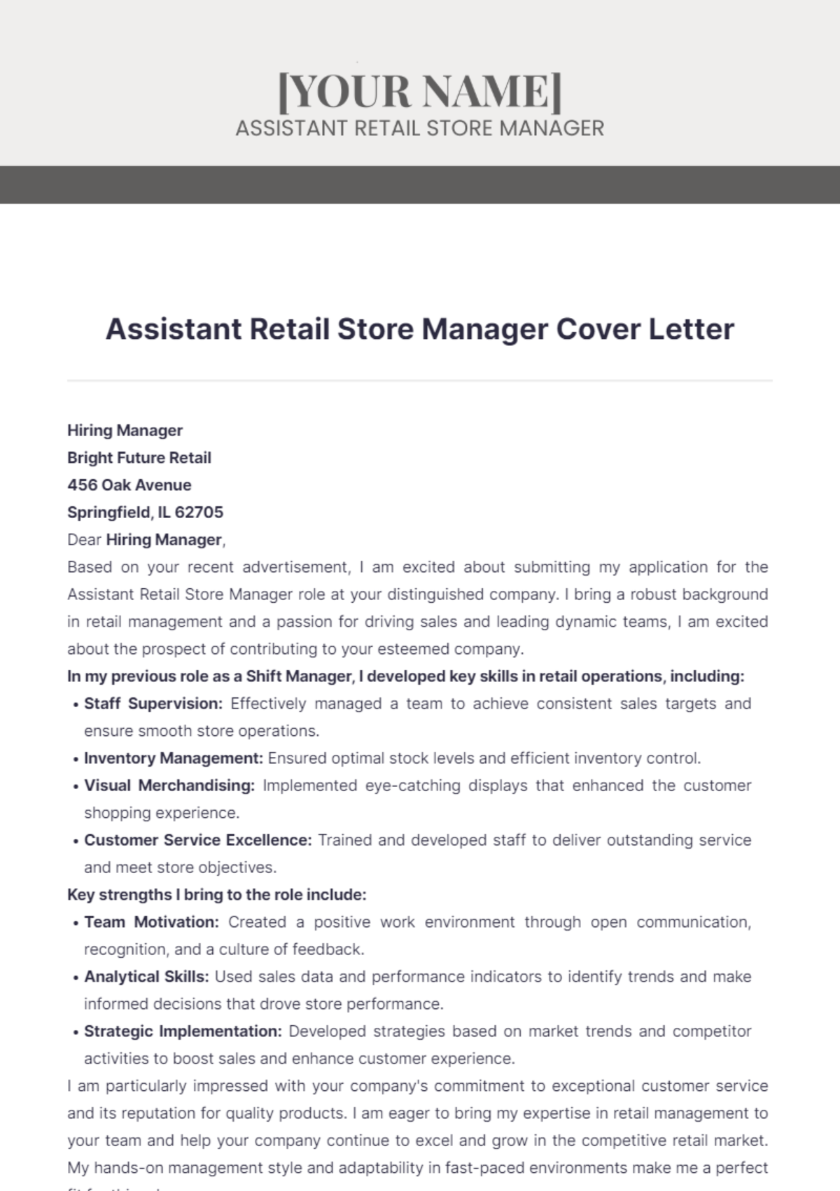 Assistant Retail Store Manager Cover Letter - Edit Online & Download