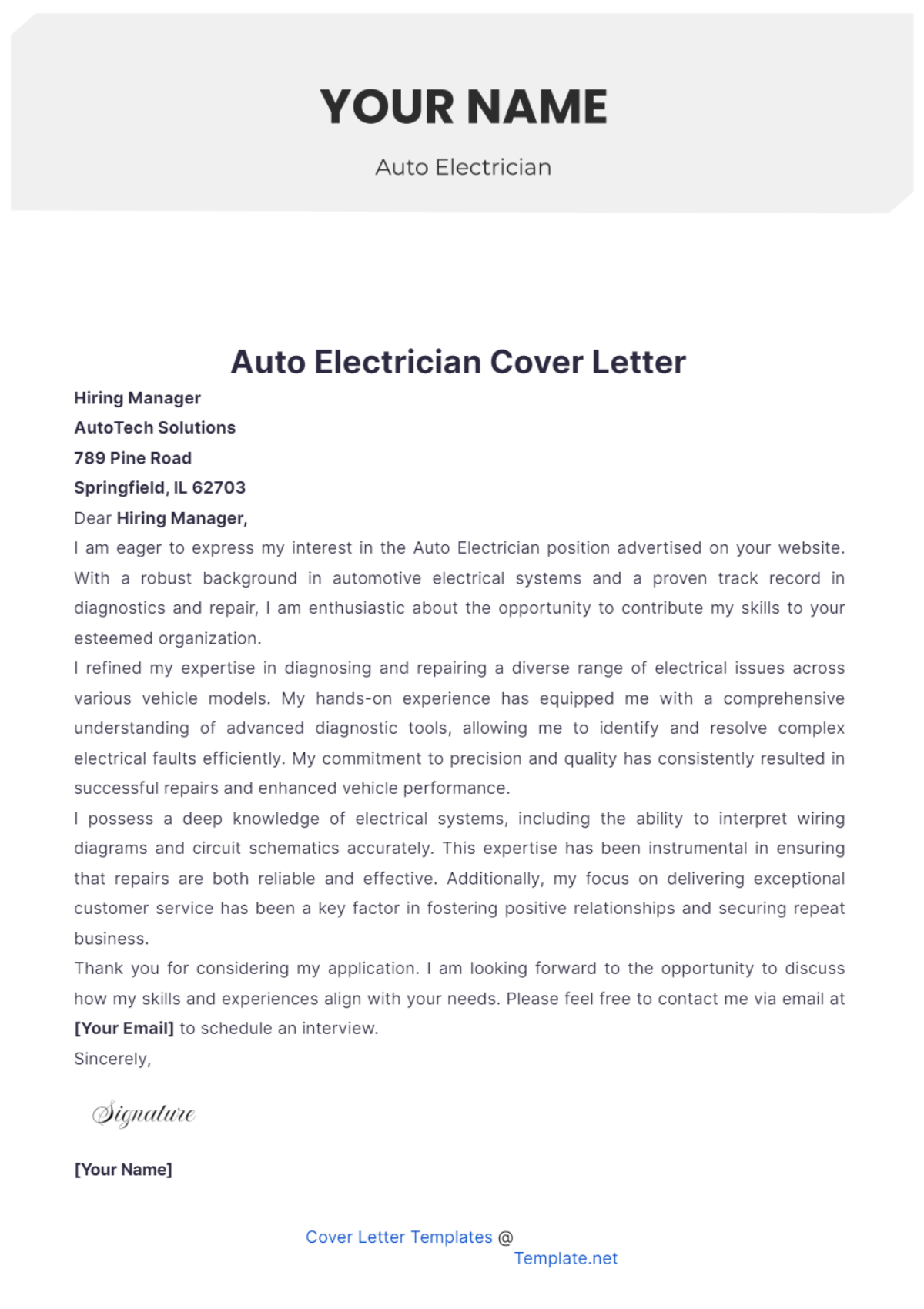 Auto Electrician Cover Letter - Edit Online & Download